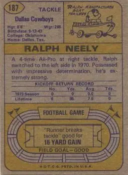 1974 Topps #187 - Ralph Neely - Dallas Cowboys - Back