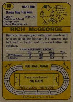 1974 Topps #188 - Rich McGeorge - Green Bay Packers - Back