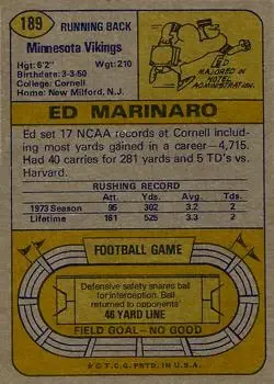 1974 Topps #189 - Ed Marinaro - Minnesota Vikings - Back