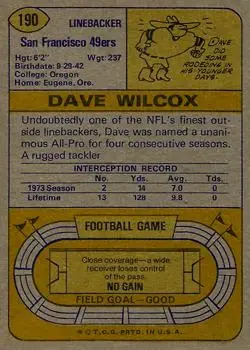 1974 Topps #190 - Dave Wilcox - San Francisco 49ers - Back