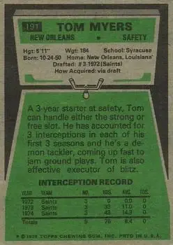 1975 Topps #191 - Tom Myers - New Orleans Saints - Back