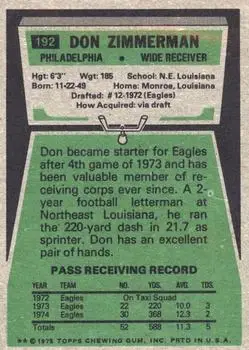 1975 Topps #192 - Don Zimmerman - Philadelphia Eagles - Back