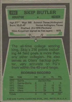 1975 Topps #194 - Skip Butler - Houston Oilers - Back 1975 Topps #194 - Skip Butler - Houston Oilers - Back