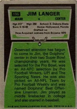 1975 Topps #196 - Jim Langer - Miami Dolphins - Back