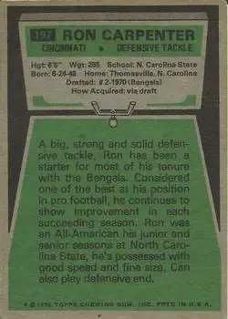 1975 Topps #197 - Ron Carpenter - Cincinnati Bengals - Back 1975 Topps #197 - Ron Carpenter - Cincinnati Bengals - Back