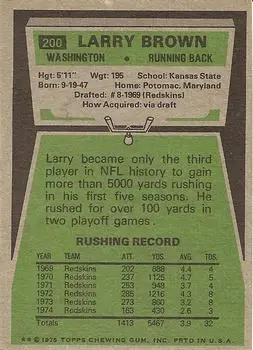 1975 Topps #200 - Larry Brown - Washington Redskins - Back