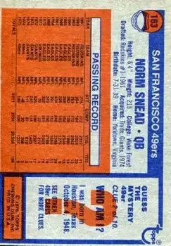 1976 Topps #163 - Norm Snead - San Francisco 49ers - Back