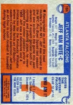 1976 Topps #164 - Jeff Van Note - Atlanta Falcons - Back