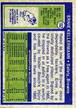 1972 Topps #162 - Ernie Kellerman - Cleveland Browns - Back