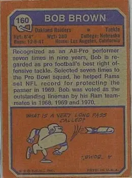 1973 Topps #160 - Bob Brown - Oakland Raiders - Back