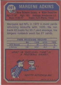 1973 Topps #161 - Margene Adkins - New Orleans Saints - Back