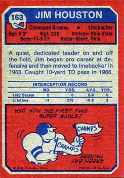 1973 Topps #163 - Jim Houston - Cleveland Browns - Back