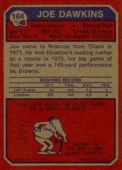1973 Topps #164 - Joe Dawkins - Denver Broncos - Back