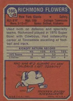 1973 Topps #166 - Richmond Flowers - New York Giants - Back 1973 Topps #166 - Richmond Flowers - New York Giants - Back