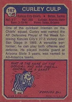 1973 Topps #167 - Curley Culp - Kansas City Chiefs - Back
