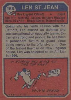 1973 Topps #168 - Len St. Jean - New England Patriots - Back 1973 Topps #168 - Len St. Jean - New England Patriots - Back