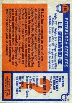 1976 Topps #180 - L.C. Greenwood - Pittsburgh Steelers - Back