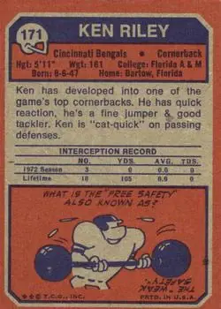 1973 Topps #171 - Ken Riley - Cincinnati Bengals - Back 1973 Topps #171 - Ken Riley - Cincinnati Bengals - Back