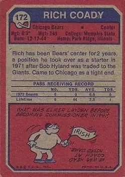 1973 Topps #172 - Rich Coady - Chicago Bears - Back