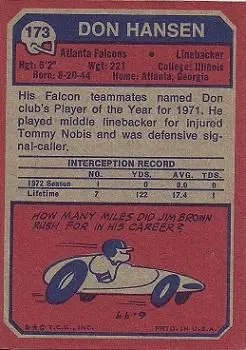 1973 Topps #173 - Don Hansen - Atlanta Falcons - Back