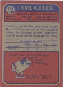 1973 Topps #174 - Lionel Aldridge - San Diego Chargers - Back 1973 Topps #174 - Lionel Aldridge - San Diego Chargers - Back