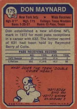 1973 Topps #175 - Don Maynard - New York Jets - Back 1973 Topps #175 - Don Maynard - New York Jets - Back