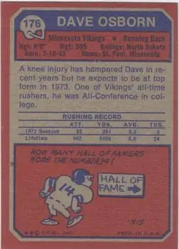 1973 Topps #176 - Dave Osborn - Minnesota Vikings - Back