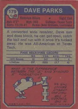 1973 Topps #179 - Dave Parks - Houston Oilers - Back 1973 Topps #179 - Dave Parks - Houston Oilers - Back