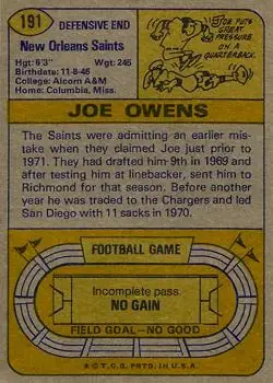 1974 Topps #191 - Joe Owens - New Orleans Saints - Back 1974 Topps #191 - Joe Owens - New Orleans Saints - Back