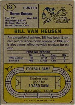1974 Topps #192 - Bill Van Heusen - Denver Broncos - Back