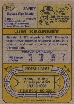 1974 Topps #193 - Jim Kearney - Kansas City Chiefs - Back 1974 Topps #193 - Jim Kearney - Kansas City Chiefs - Back