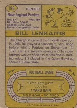 1974 Topps #196 - Bill Lenkaitis - New England Patriots - Back
