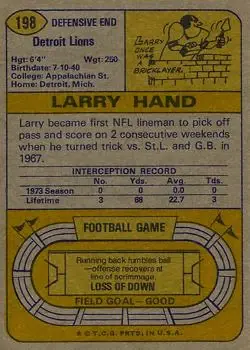 1974 Topps #198 - Larry Hand - Detroit Lions - Back