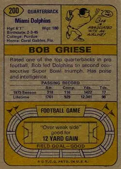 1974 Topps #200 - Bob Griese - Miami Dolphins - Back 1974 Topps #200 - Bob Griese - Miami Dolphins - Back