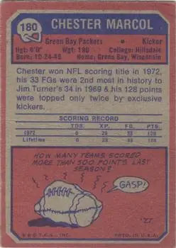 1973 Topps #180 - Chester Marcol - Green Bay Packers - Back
