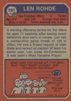 1973 Topps #181 - Len Rohde - San Francisco 49ers - Back