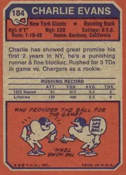 1973 Topps #184 - Charlie Evans - New York Giants - Back