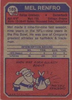 1973 Topps #185 - Mel Renfro - Dallas Cowboys - Back