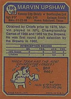1973 Topps #186 - Marvin Upshaw - Kansas City Chiefs - Back