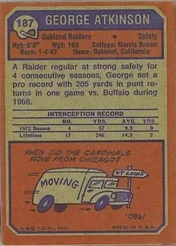1973 Topps #187 - George Atkinson - Oakland Raiders - Back 1973 Topps #187 - George Atkinson - Oakland Raiders - Back