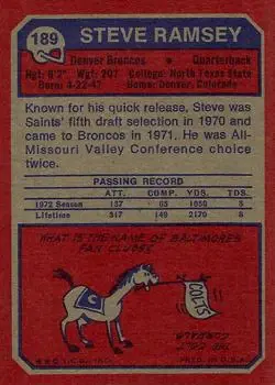 1973 Topps #189 - Steve Ramsey - Denver Broncos - Back