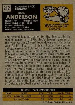 1971 Topps #212 - Bob Anderson - Denver Broncos - Back