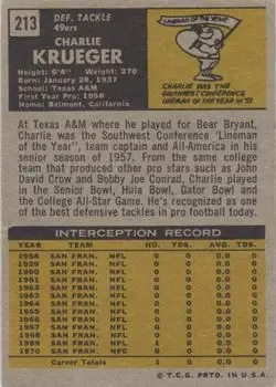 1971 Topps #213 - Charlie Krueger - San Francisco 49ers - Back