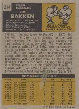 1971 Topps #214 - Jim Bakken - St. Louis Cardinals - Back