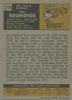 1971 Topps #216 - Bill Brundige - Washington Redskins - Back 1971 Topps #216 - Bill Brundige - Washington Redskins - Back