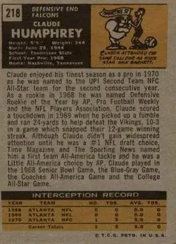 1971 Topps #218 - Claude Humphrey - Atlanta Falcons - Back