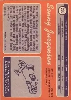 1970 Topps #200 - Sonny Jurgensen - Washington Redskins - Back 1970 Topps #200 - Sonny Jurgensen - Washington Redskins - Back