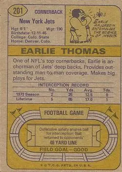 1974 Topps #201 - Earlie Thomas - New York Jets - Back