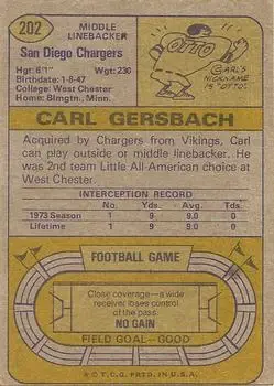 1974 Topps #202 - Carl Gersbach - San Diego Chargers - Back