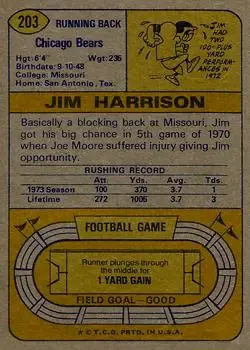 1974 Topps #203 - Jim Harrison - Chicago Bears - Back
